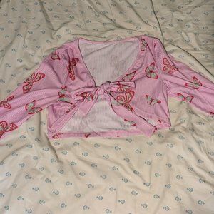 Butterfly Long Sleeve Tie Crop Top